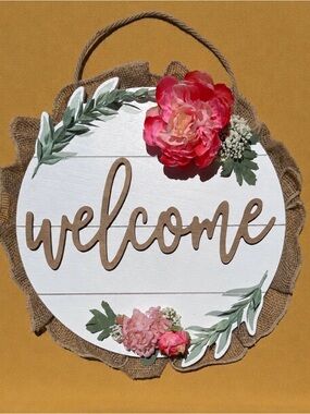 Welcome Floral Summer Boho Rustic Farmhouse Front Door Entryway Wall Sign